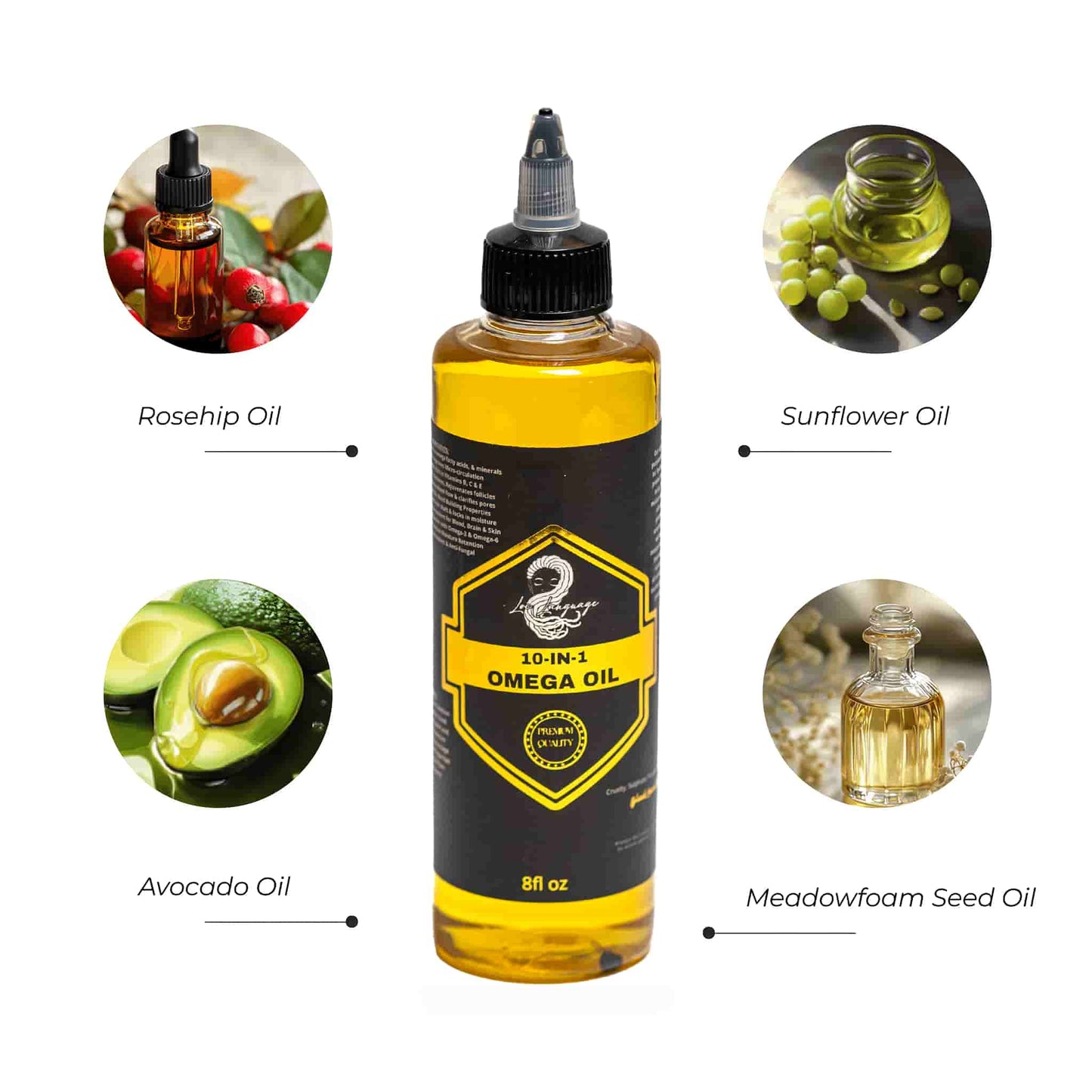 Hydrating Hair Growth Oil in 8 oz Bottle with Organic Ingredients and Gold Label Design