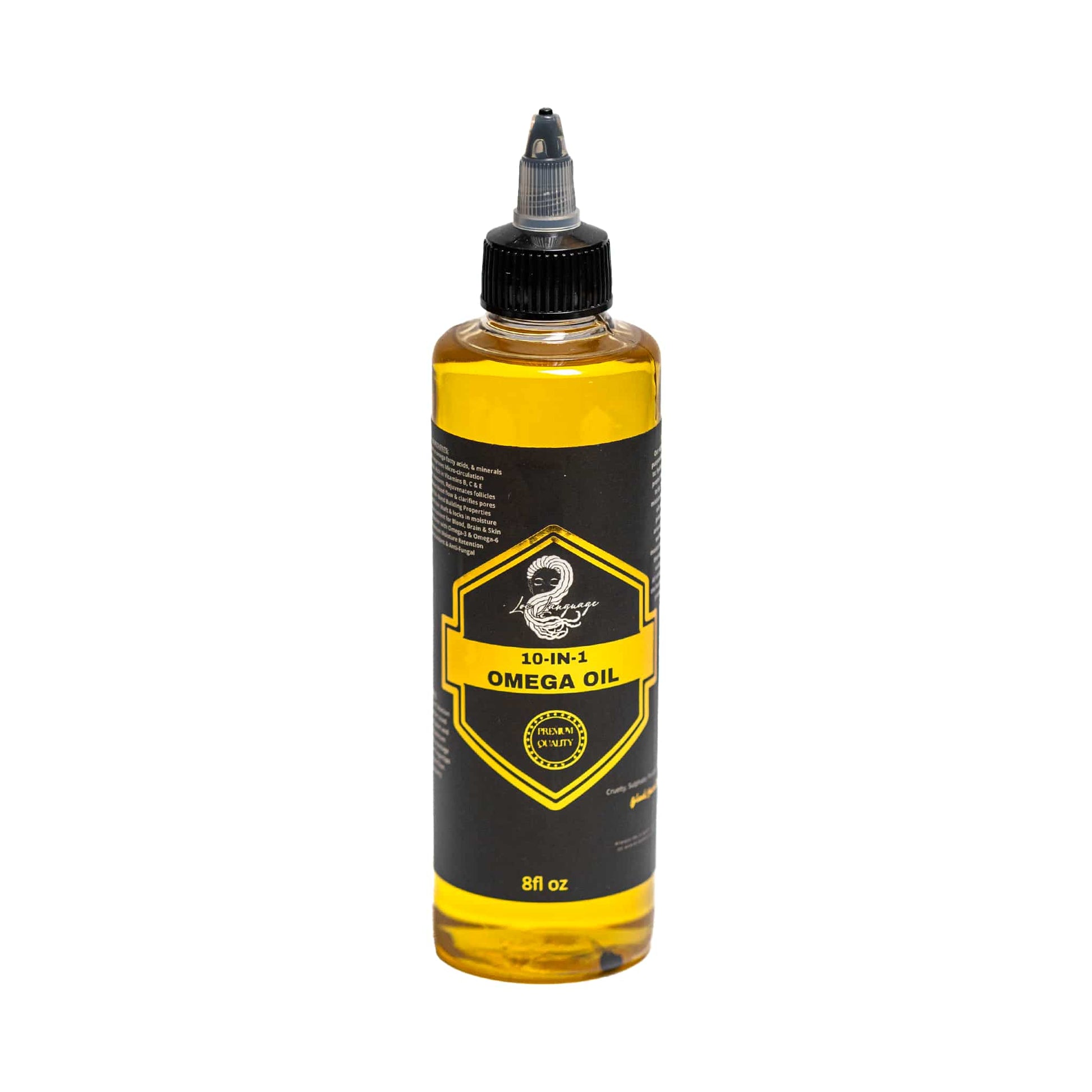 10-in-1 Omega Hair and Scalp Hydrating Oil in 8 oz Bottle with Gold and Black Label