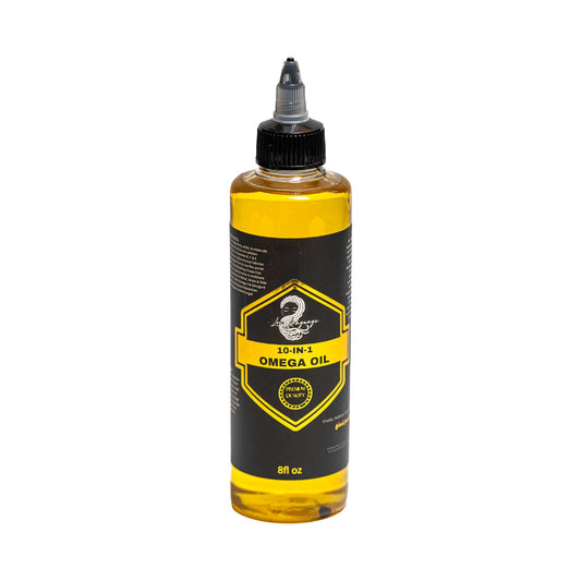 10-in-1 Omega Hair and Scalp Hydrating Oil in 8 oz Bottle with Gold and Black Label
