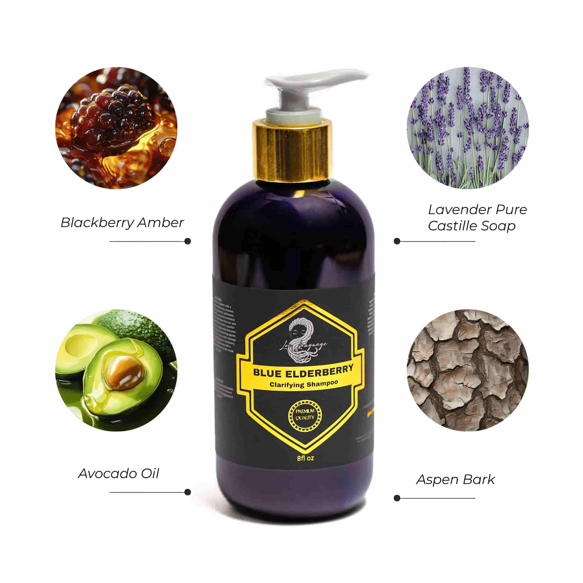 Blue Elderberry Clarifying Shampoo for detoxing hair and scalp, anti-dandruff, and deep cleansing for all hair types