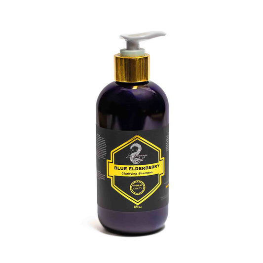8 fl oz Blue Elderberry Detoxifying and Clarifying Shampoo in purple packaging, ideal for dry scalp and product buildup removal.