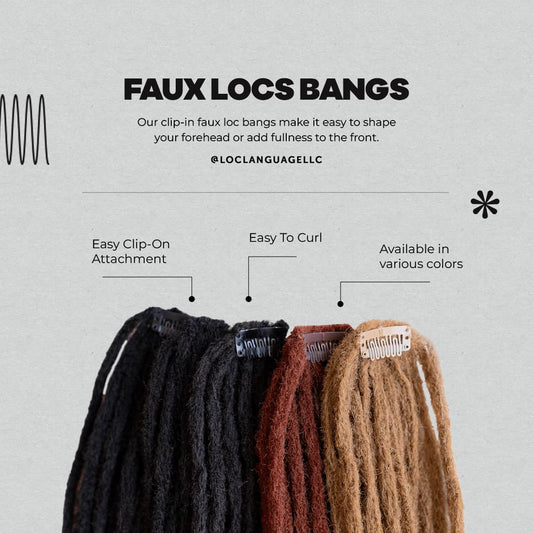 Clip-on faux loc bangs, easy to attach, available in various colors. Reusable and curlable for a versatile, fuller look