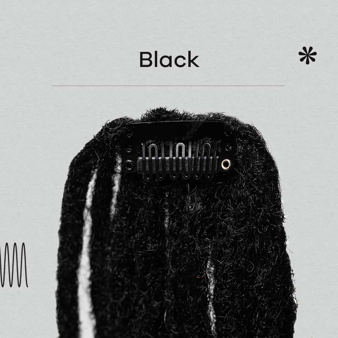 Black clip-on faux loc bangs, easy to attach, reusable and curlable for a natural look and fuller style